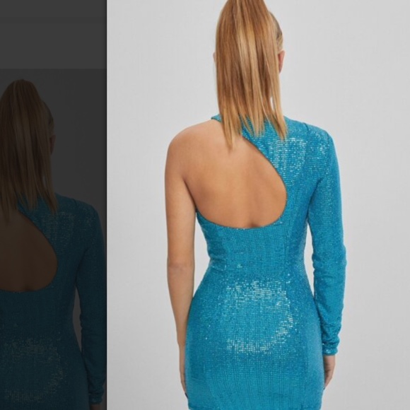🪩NWT BERSHKA SHOW UP BLUE SPARKLY ONE SHOULDER MINI DRESS -PERFECT PARTY DRESS - Picture 2 of 4
